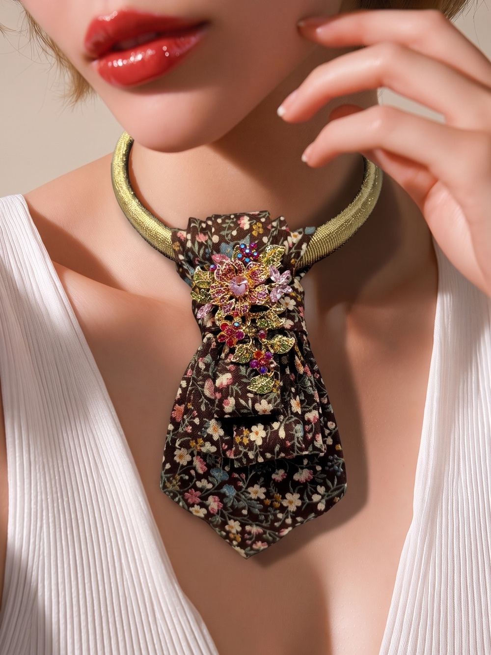 CHIC CHICK UPCYCLE | Brown Floral Pink Green Tie Necklace